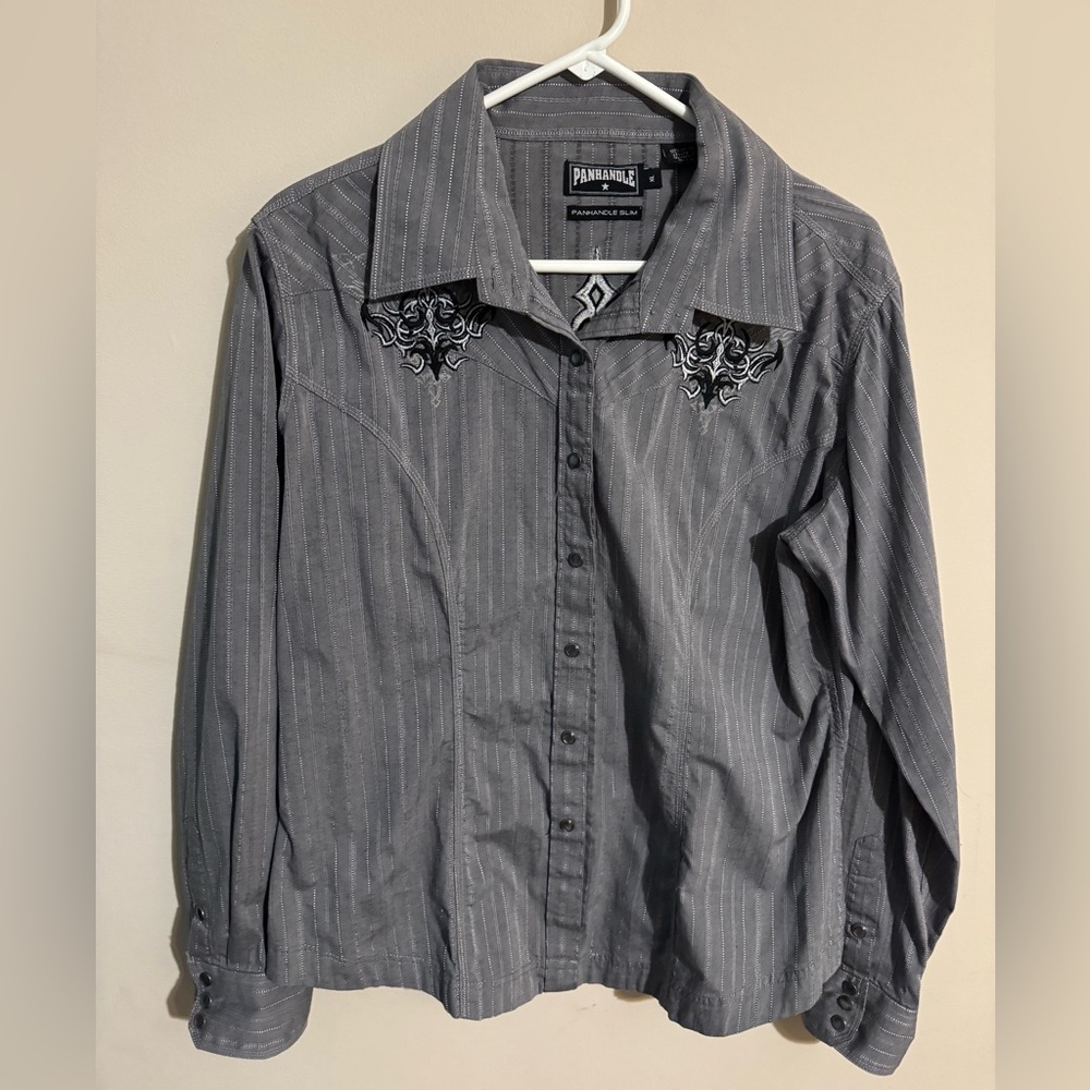Panhandle Slim Pearl Snap Shirt Mens XL Embroidered Retro Western Wear‎ Gray